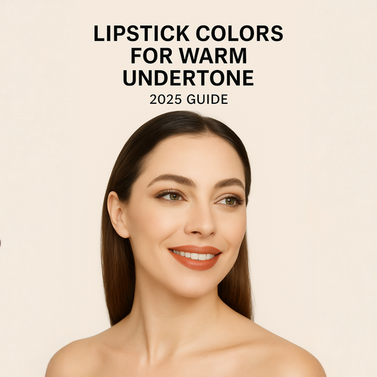 Digital photo of a confident woman with warm undertone skin, wearing terracotta nude lipstick, soft brown eyeshadow, and minimal makeup, representing best lipstick colors for warm undertones in 2025