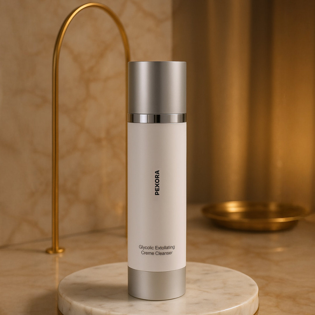 Luxury skincare setting featuring PEXORA Glycolic Exfoliating Crème Cleanser on a marble counter with gold accents in the background