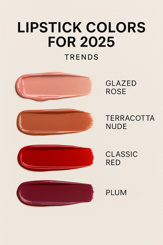 A minimal flat-lay graphic displaying trending lipstick colors for 2025, featuring swatches of soft peach, bold red, mauve, glossy nude, and plum on a clean background with elegant typography reading “Lipstick Colors for 2025.