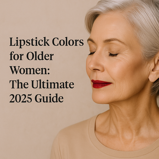 Digital blog header image featuring a mature woman applying lipstick, with soft natural lighting and text overlay that reads ‘Best Lipstick Colors for Older Women – PEXORA 2025 Guide’ on a clean, minimal background.