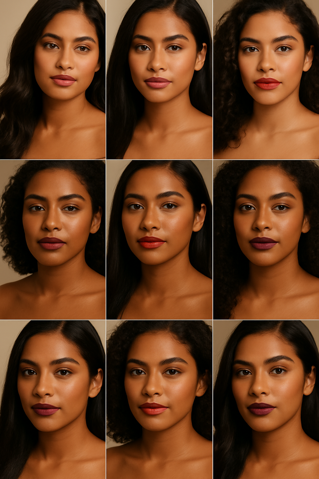 A 3x3 grid of brown-skinned models wearing different lipstick shades including berry, red, nude, peach, coral, plum, mocha, wine, and cinnamon — showcasing diverse undertones and finishes.