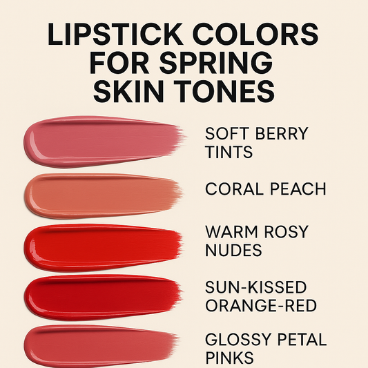 A square-format digital graphic showcasing five swatches of lipstick shades ideal for spring skin tones, including peachy pink, coral, soft red, warm rose, and terracotta nude, arranged on a minimalist off-white background.