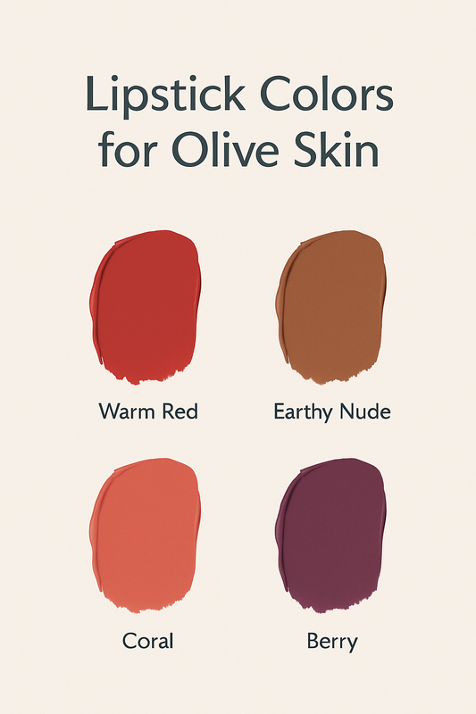 Minimalist digital graphic showing four lipstick swatches labeled Coral, Terracotta, Mauve, and Berry, designed for olive skin tones on a soft neutral background.