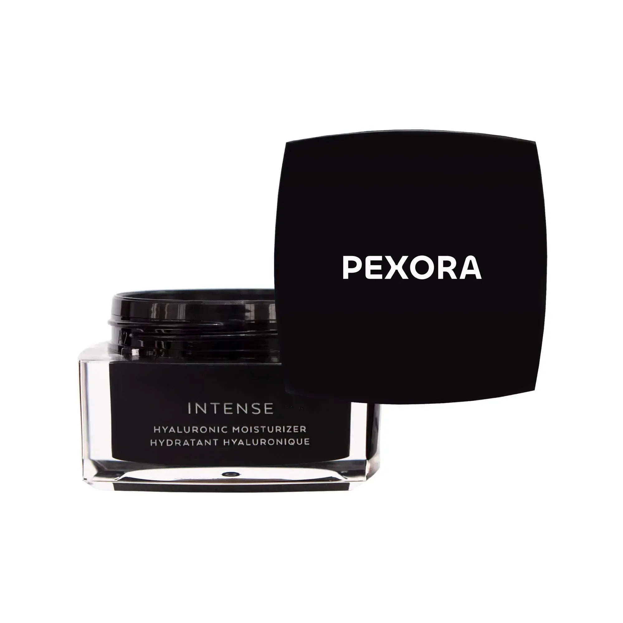 Luxurious black jar of PEXORA Intense Hyaluronic Moisturizer with sleek reflective lid on a minimal grey background.