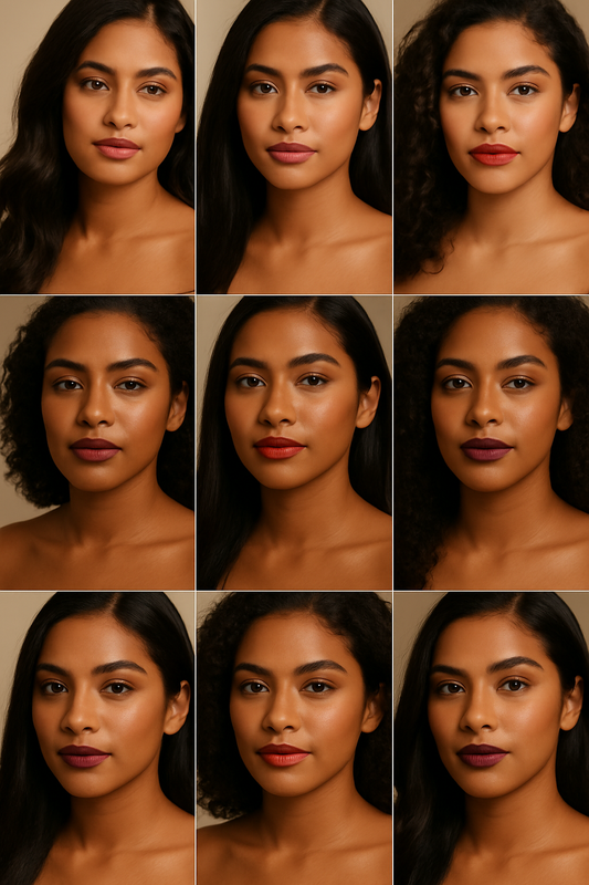 A 3x3 grid of brown-skinned models wearing different lipstick shades including berry, red, nude, peach, coral, plum, mocha, wine, and cinnamon — showcasing diverse undertones and finishes.