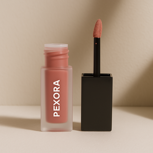 A photograph features a PEXORA matte liquid lipstick in a soft pink shade, elegantly displayed on a minimal, luxury-inspired background, highlighting the sleek packaging and smooth applicator for a premium beauty aesthetic.