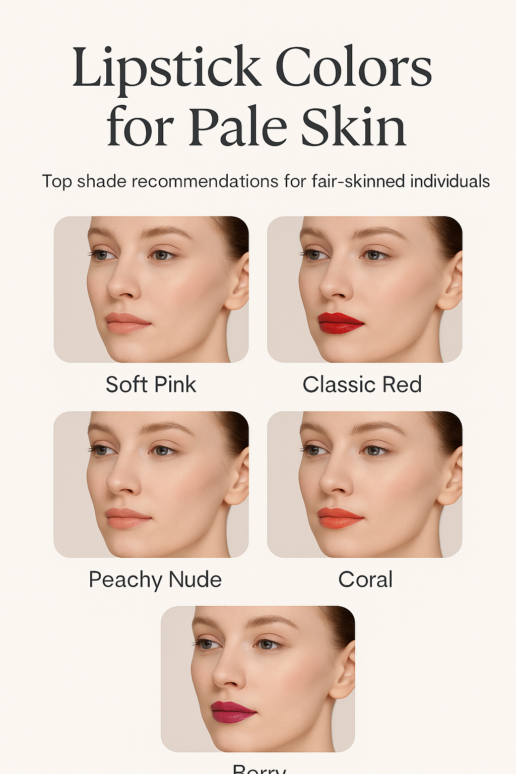 A digital graphic displays five lipstick shade recommendations for pale skin tones, including soft pink, classic red, peachy nude, coral, and berry. Each shade is shown on a fair-skinned model in a close-up portrait with a clean background.
