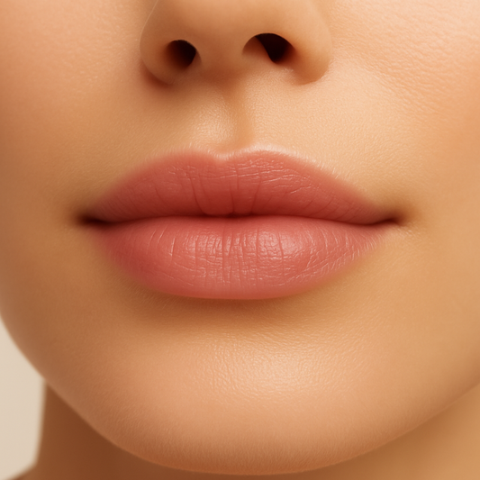A digital photograph focusing on a woman’s lips with a soft, natural pink tint, showcasing deeply nourished and hydrated lips in a clean, minimal, and luxurious setting — ideal for a lip balm blog image.