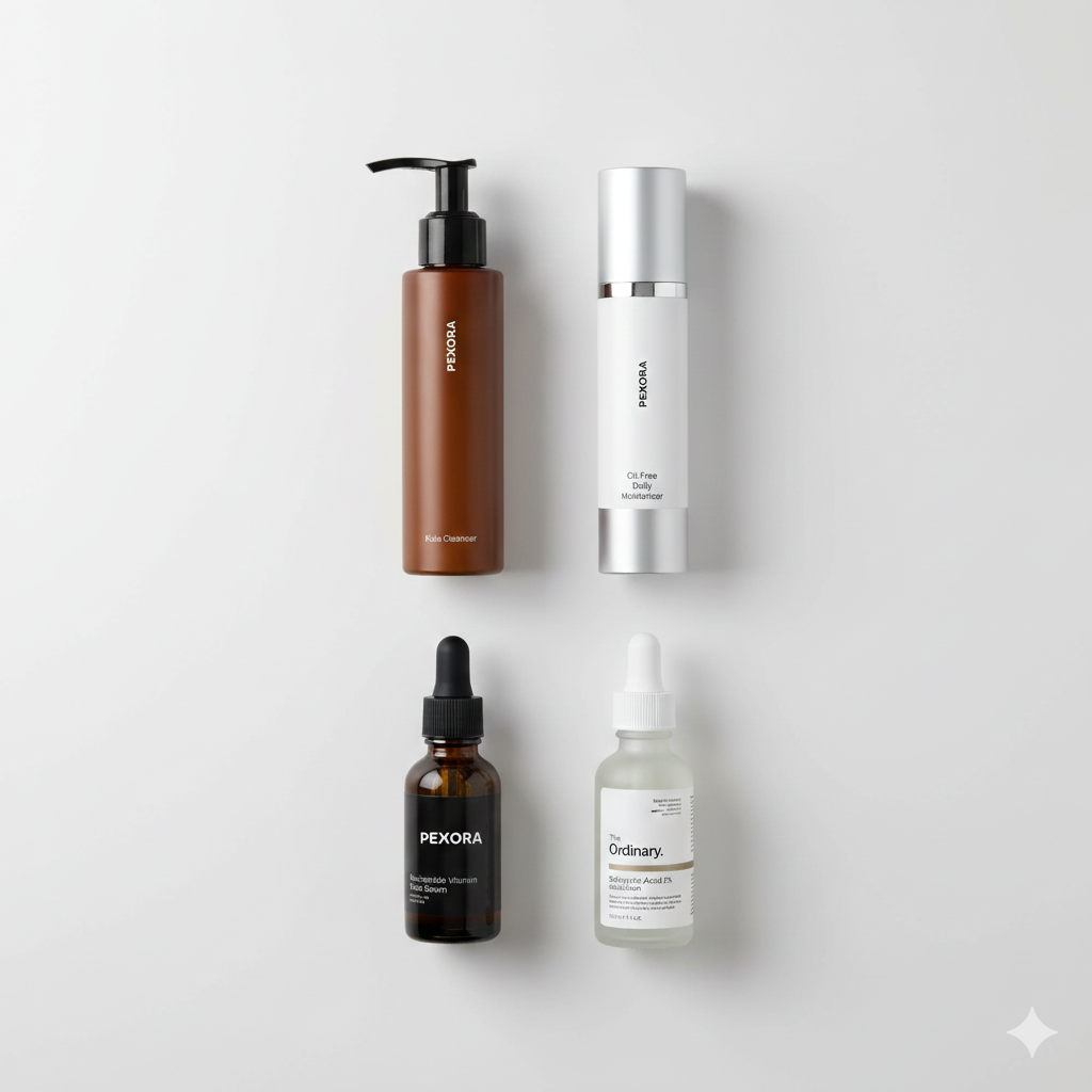Set of skincare products from Pexora and The Ordinary on a light gray background