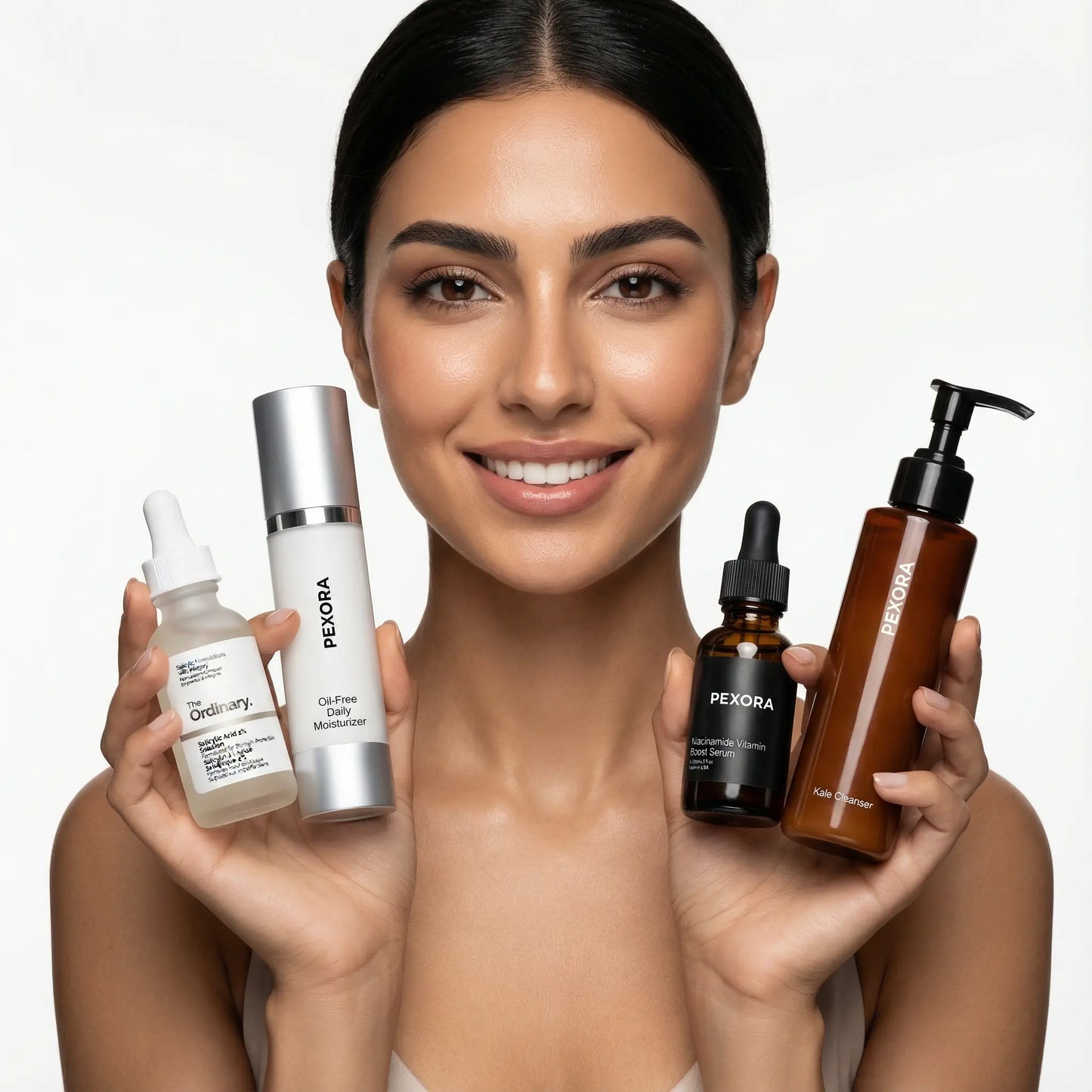 Woman holding Pexora skincare products against a neutral background