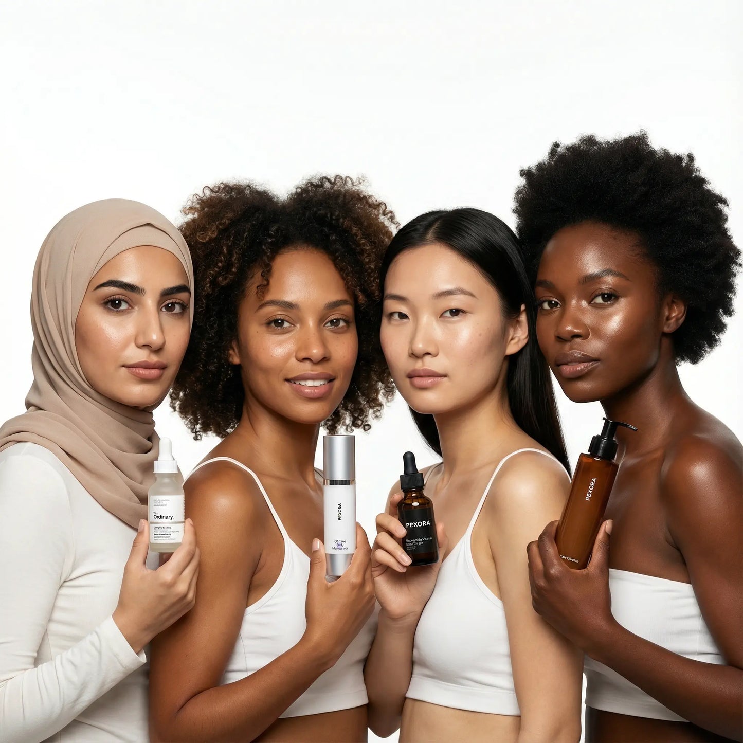 Four women holding skincare products against a white background