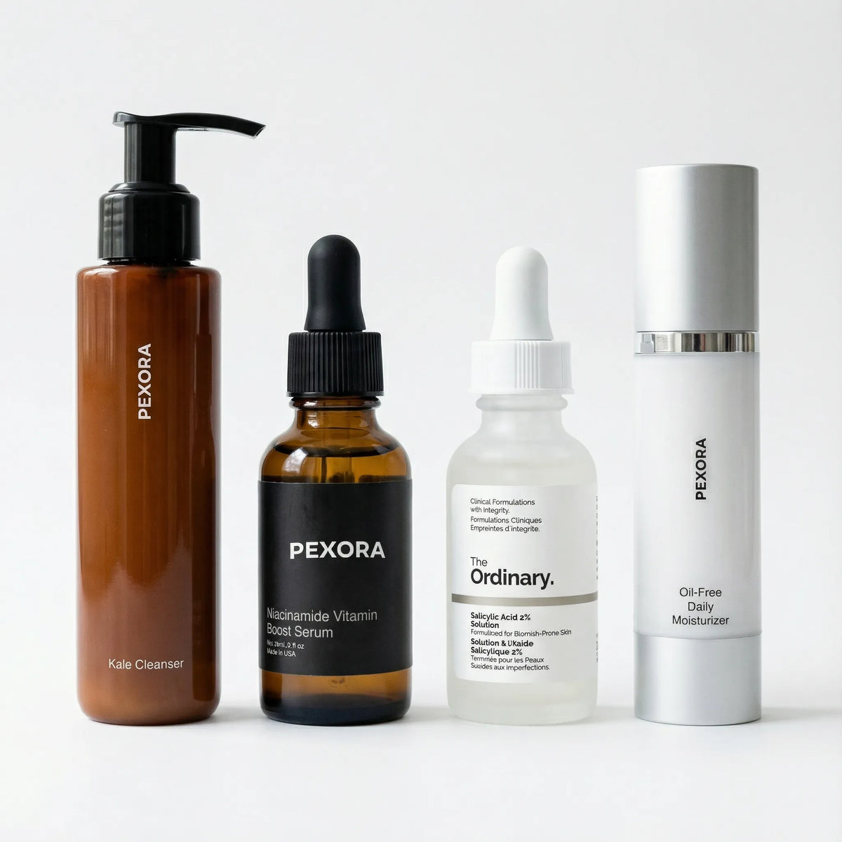 Four skincare products from Pexora and 'The Ordinary' on a white background