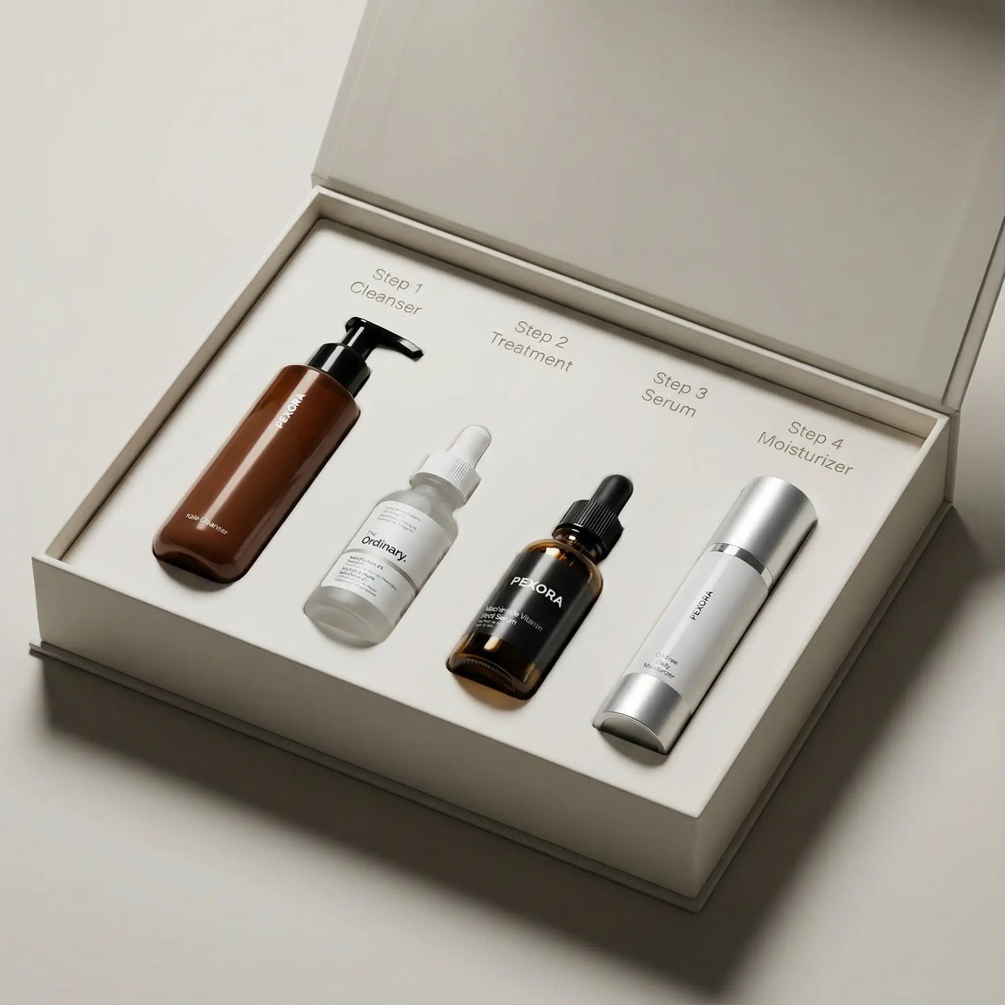 Skincare product set with bottles labeled 'Step 1', 'Step 2', 'Step 3', and 'Step 4' in a box.