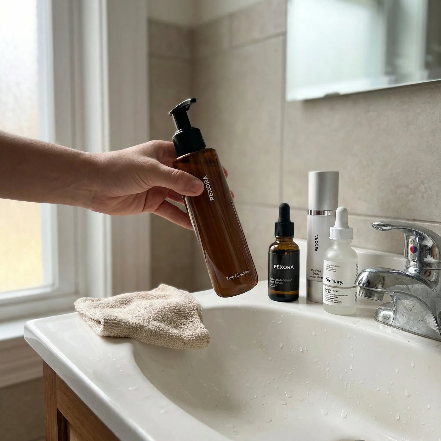 Person holding a brown bottle over a sink with skincare products on a counter.